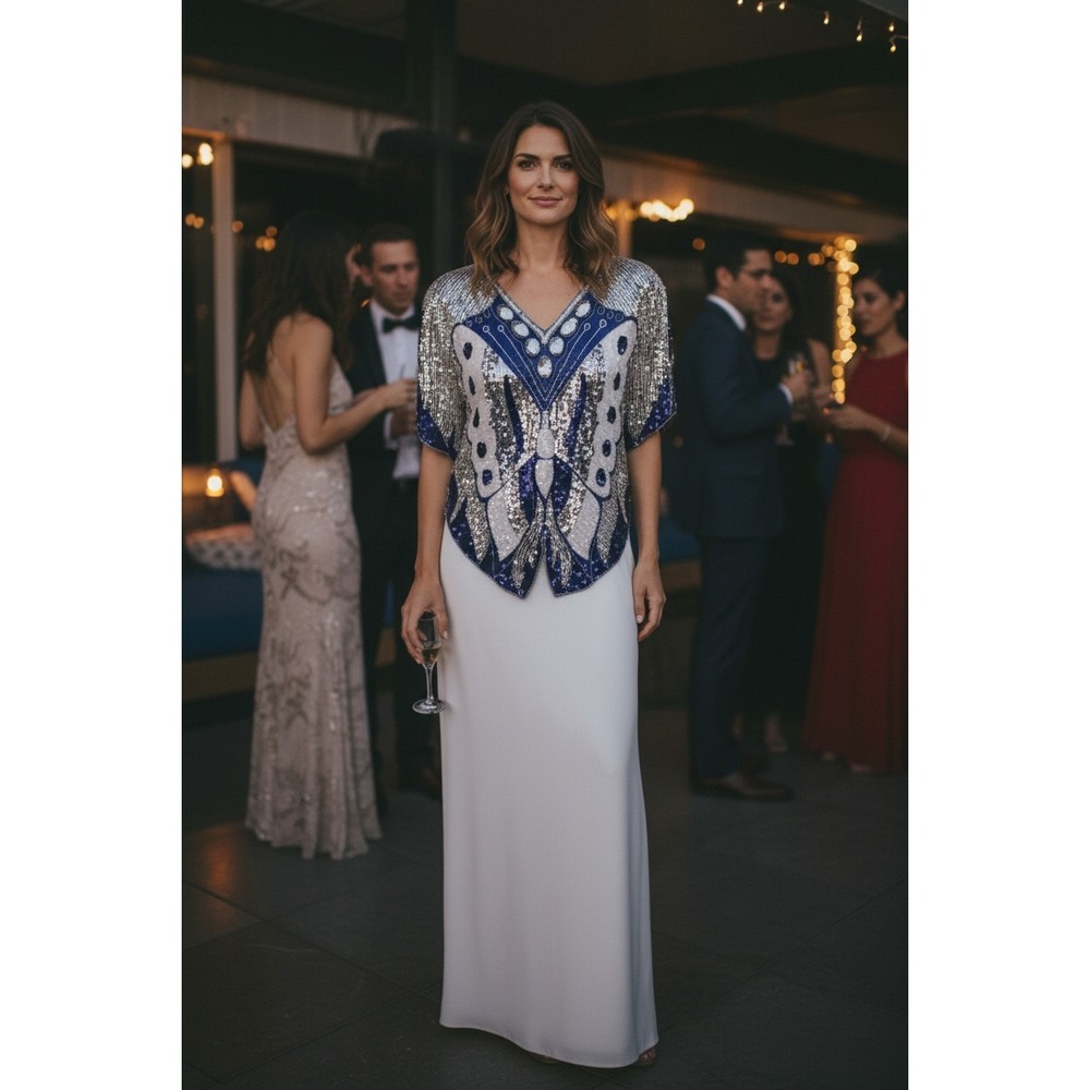 Dominique Sequin Butterfly Silk Top & Maxi Skirt Set Women Blue Silver White M